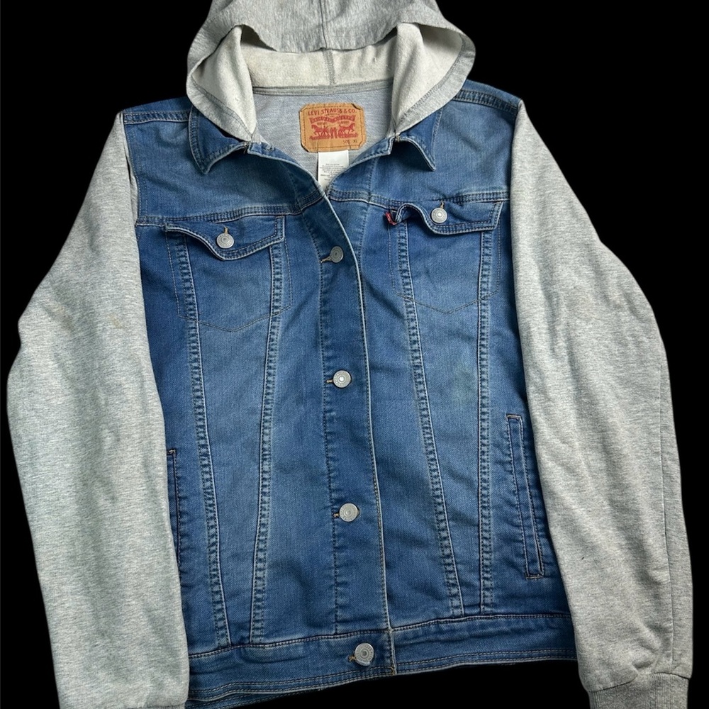 👖🩶 Levi’s Denim Jacket Hoodie XL Youth Gray‎ Sleeve Trucker 🩶👖